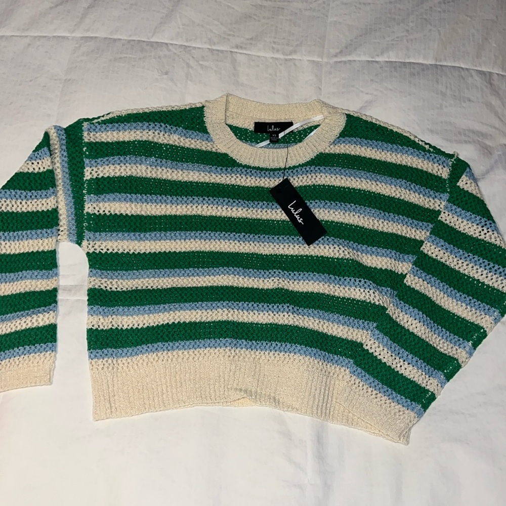 NWT Lulus Green Striped Crochet Long Sleeve